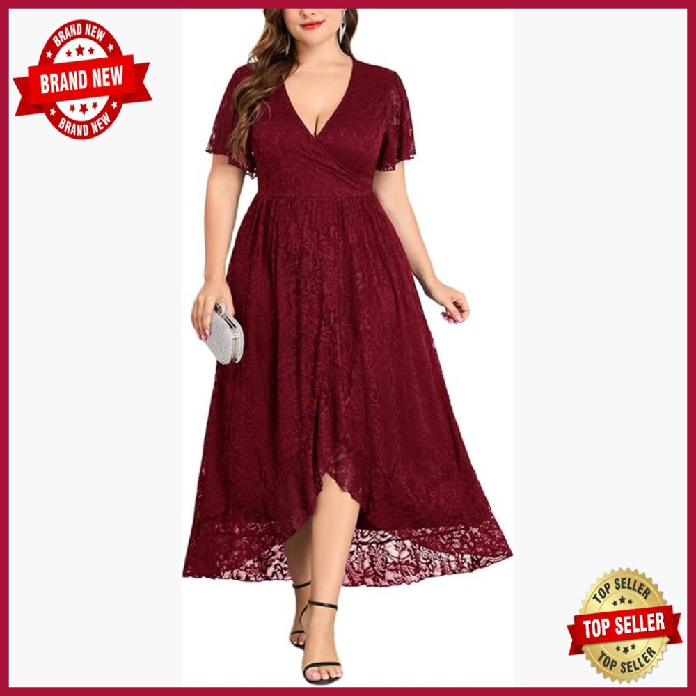 Plus Size Floral Lace Wrap Dress V Neck Ruffle Sleeve High Low Formal Gown